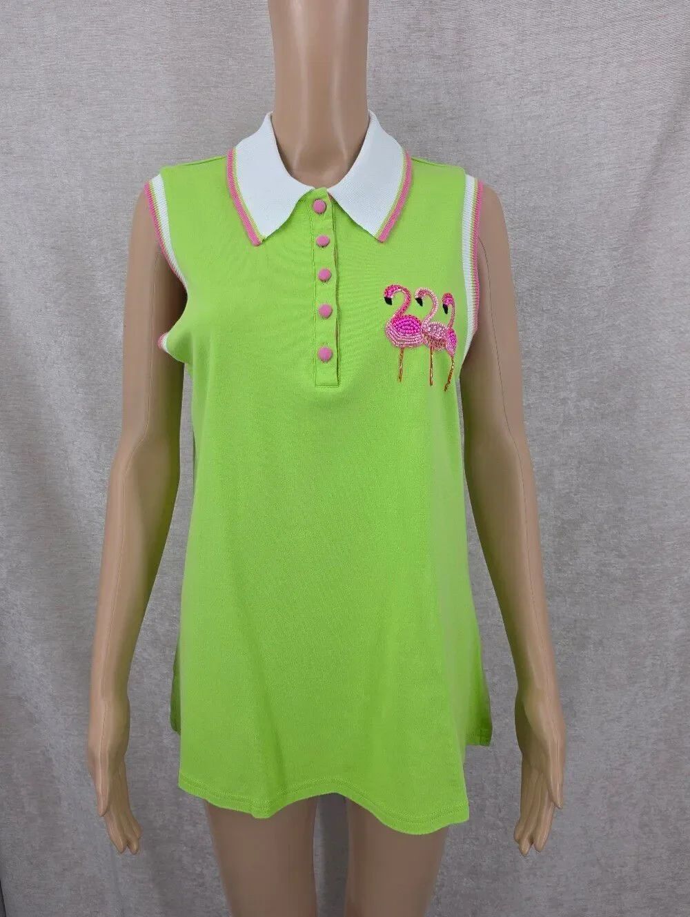 Quacker Factory Lime Sleeveless Polo Top Pink Flamingo Beaded Embroidery Vintage